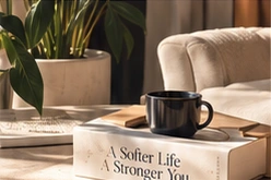 A quiet sitting area with a book, coffee, and greenery