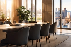A sunlit meeting room with plants and city views