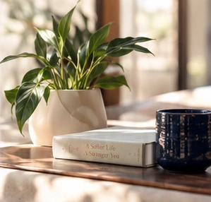Sunlight falls across a table with a leafy plant, a book, and a navy cup